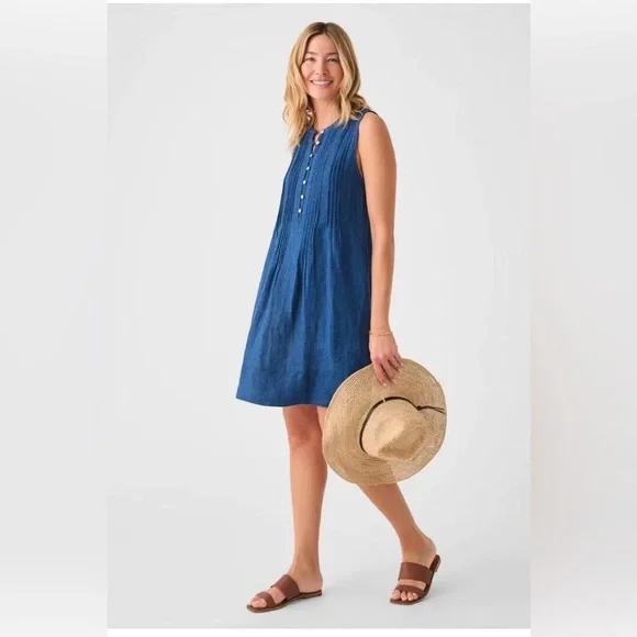 Faherty women’s linen Isha Basketweave Sleeveless Indigo Button-Front Dress Sz M - Picture 2 of 9